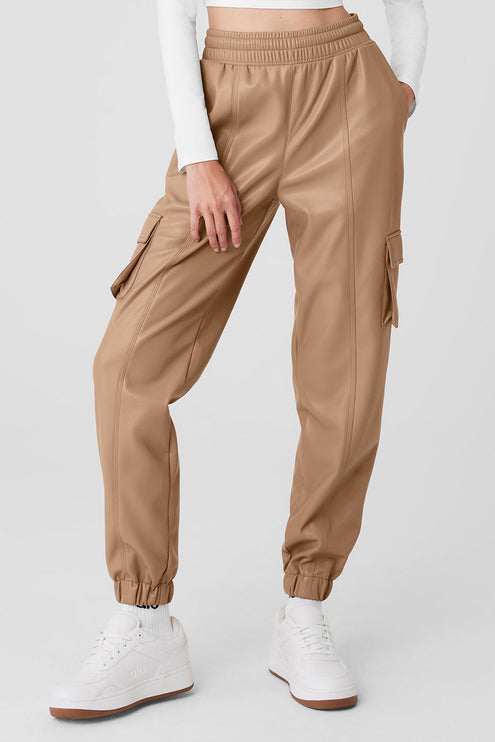 alo Women's Faux Leather Power Hour Jogger - Toasted Almond