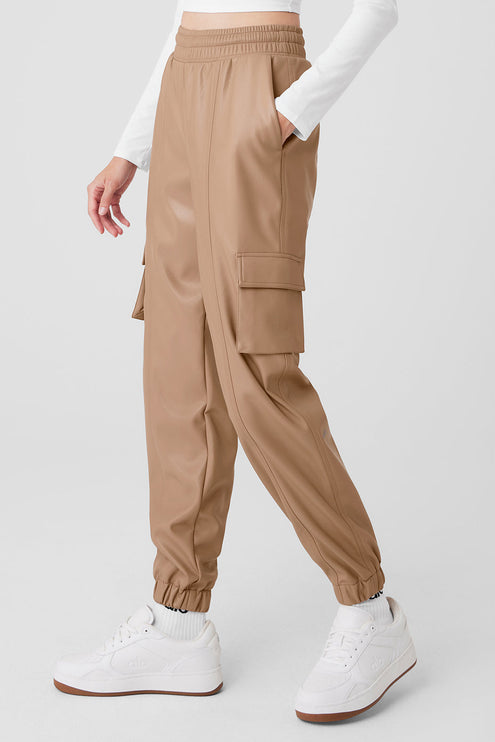 alo Women's Faux Leather Power Hour Jogger - Toasted Almond