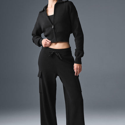 alo Women's Scholar Knit High-Waist Cargo Pant - Black