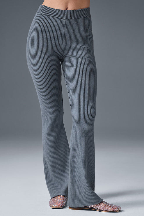alo Women's Denim Knit High-Waist Flare Pant - Steel Grey/Anthracite
