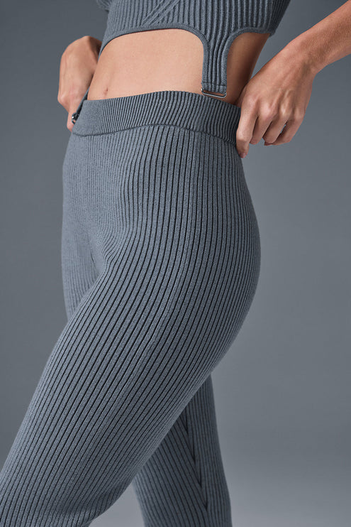 alo Women's Denim Knit High-Waist Flare Pant - Steel Grey/Anthracite