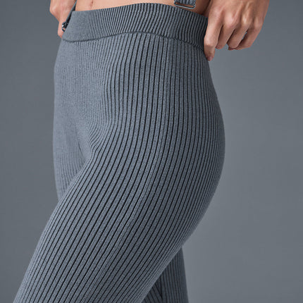 alo Women's Denim Knit High-Waist Flare Pant - Steel Grey/Anthracite
