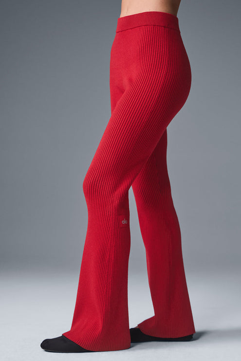 alo Women's Denim Knit High-Waist Flare Pant - Bold Red/Dark Bold Red