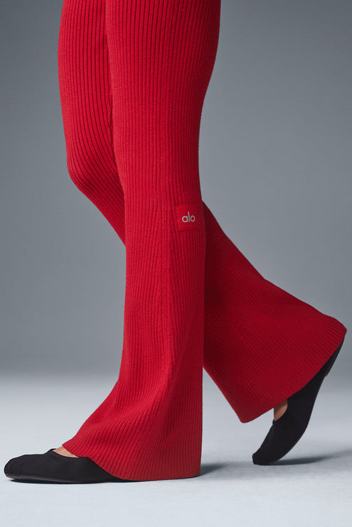 alo Women's Denim Knit High-Waist Flare Pant - Bold Red/Dark Bold Red