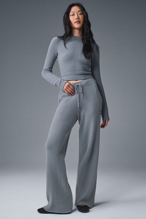 alo Women's Snuggle Up Sweater High-Waist Wide Leg Pant - Steel Grey