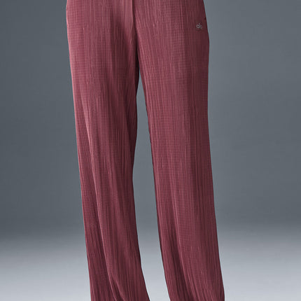 alo Women's High-Waist Micro Plisse Straight Leg Pant - Burgundy Truffle