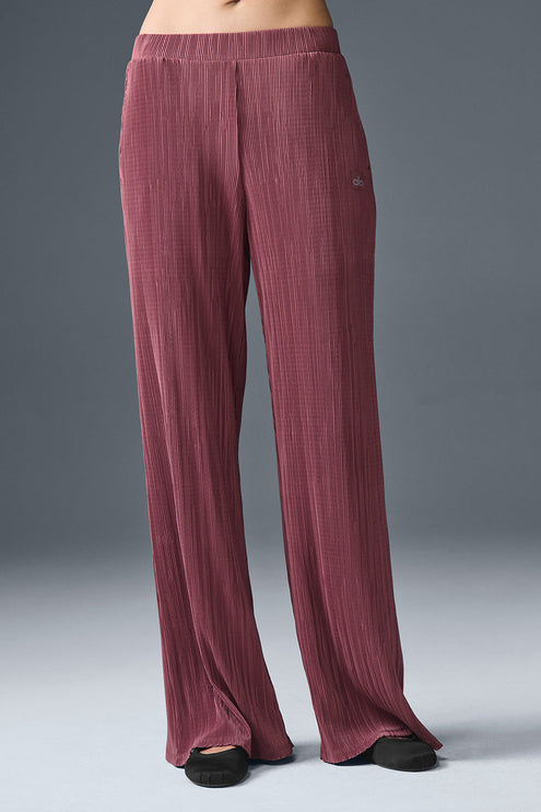 alo Women's High-Waist Micro Plisse Straight Leg Pant - Burgundy Truffle