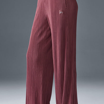 alo Women's High-Waist Micro Plisse Straight Leg Pant - Burgundy Truffle
