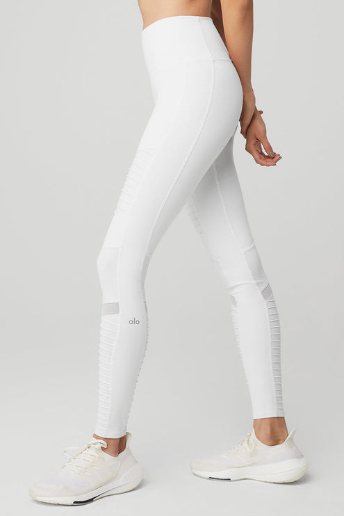 alo Women's High-Waist Moto Legging - White/White Glossy