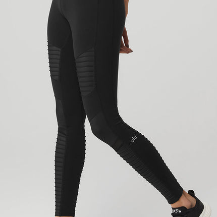 alo Women's High-Waist Moto Legging - Black/Black Glossy