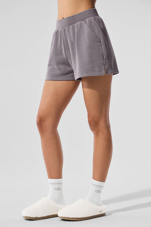 alo Women's Washed Low Key Sweat Short - Cool Grey Wash
