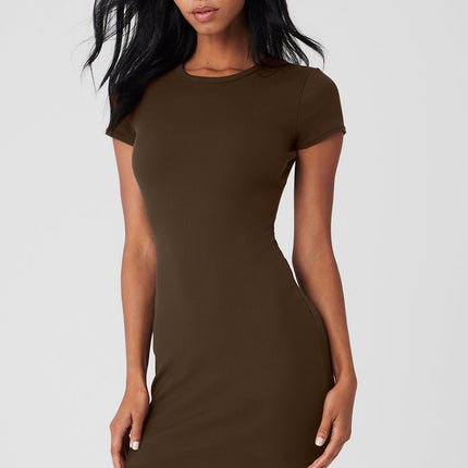 alo Women's Goddess Ribbed Short Sleeve Dress - Espresso