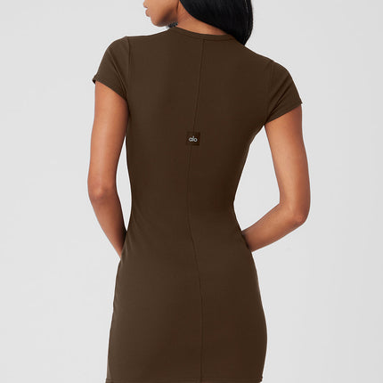 alo Women's Goddess Ribbed Short Sleeve Dress - Espresso