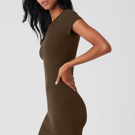 alo Women's Goddess Ribbed Short Sleeve Dress - Espresso