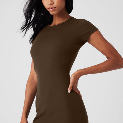 alo Women's Goddess Ribbed Short Sleeve Dress - Espresso