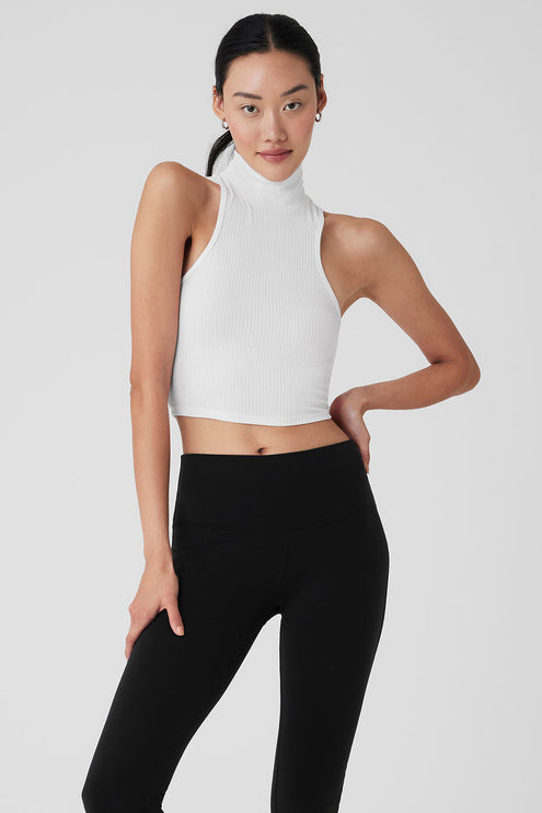 alo Women's Ribbed Sea Coast Cropped Turtleneck Tank - White