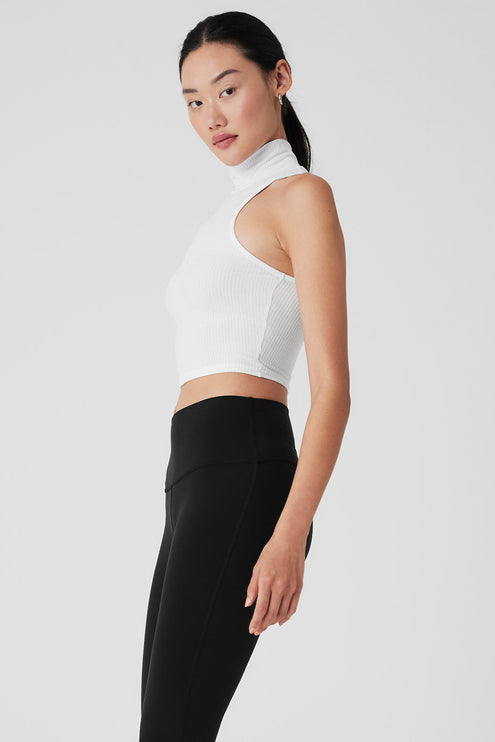 alo Women's Ribbed Sea Coast Cropped Turtleneck Tank - White
