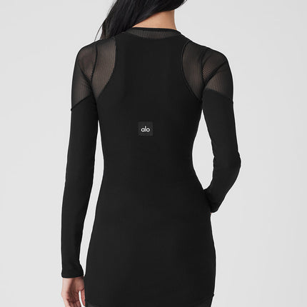 alo Women's Striped Mesh Synergy Long Sleeve Dress - Black