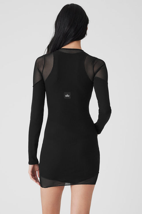 alo Women's Striped Mesh Synergy Long Sleeve Dress - Black