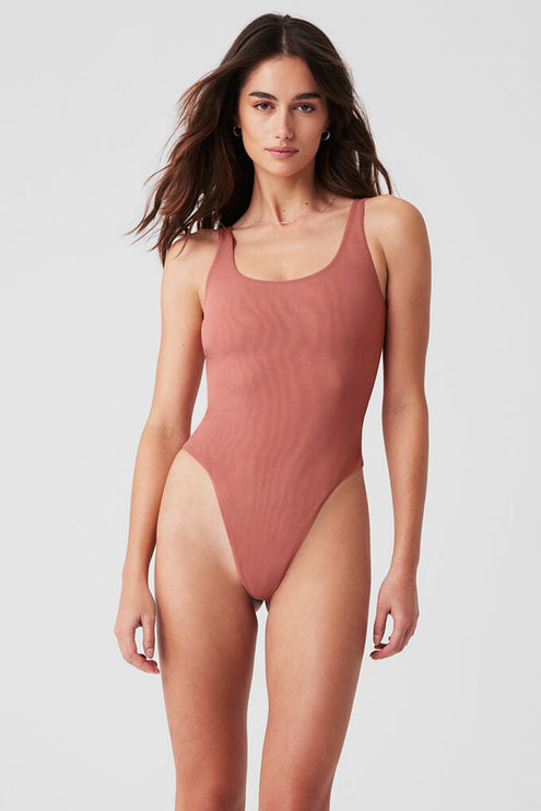 alo Women's Mesh Sheer Illusion Bodysuit - Soft Terracotta