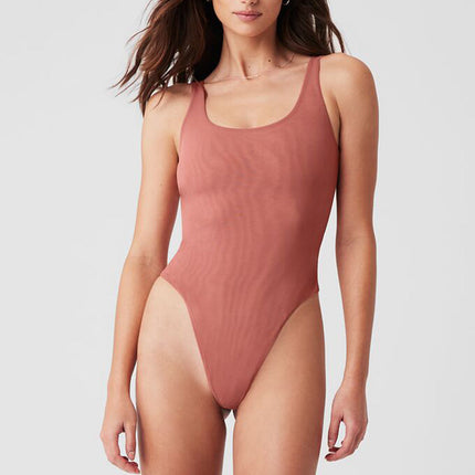 alo Women's Mesh Sheer Illusion Bodysuit - Soft Terracotta
