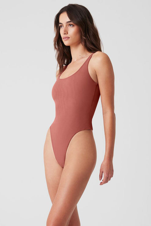 alo Women's Mesh Sheer Illusion Bodysuit - Soft Terracotta