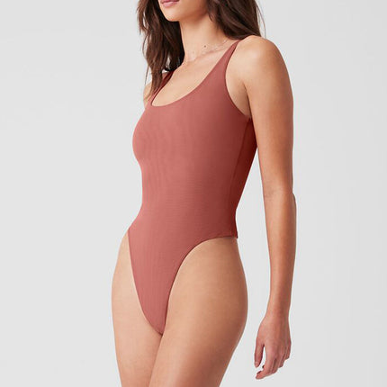 alo Women's Mesh Sheer Illusion Bodysuit - Soft Terracotta