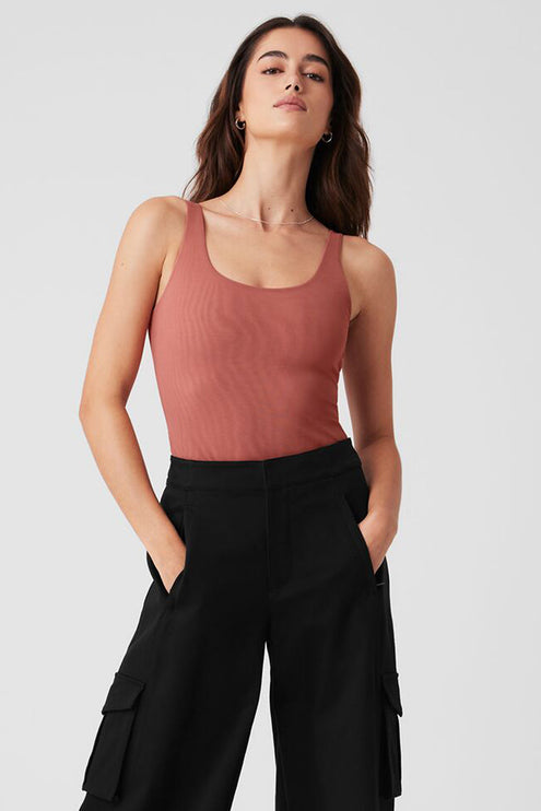 alo Women's Mesh Sheer Illusion Bodysuit - Soft Terracotta