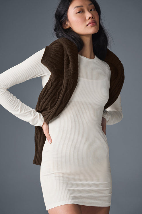 alo Women's Ribbed Sea Coast Long Sleeve Dress - Ivory
