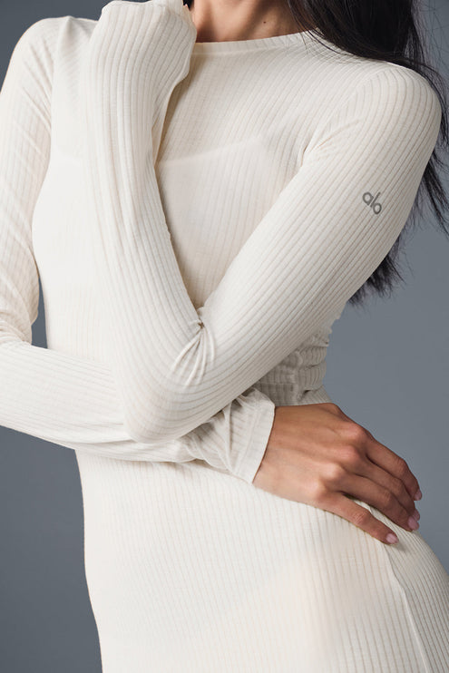 alo Women's Ribbed Sea Coast Long Sleeve Dress - Ivory