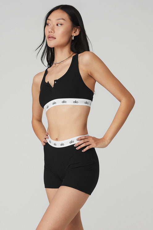 alo Women's Icon Ribbed Henley Bra - Black