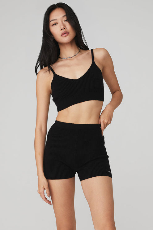 alo Women's Cashmere Ribbed Staycation Bra - Jet Black