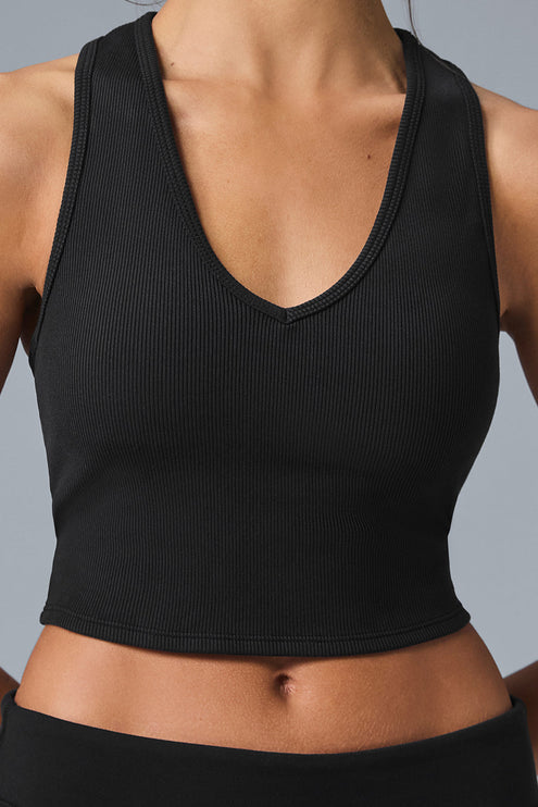 alo Women's Goddess Ribbed Cropped Racerback Tank - Black