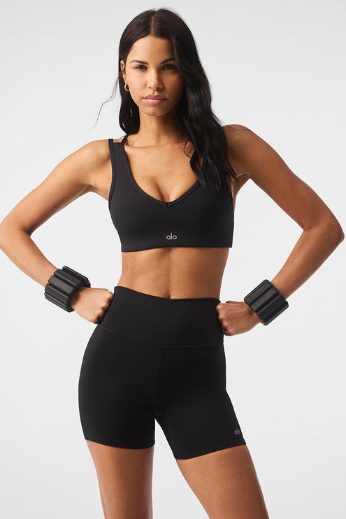 alo Women's Airlift Ribbed Jump Start V-Neck Bra - Black