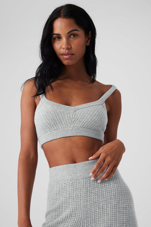 alo Women's Cashmere Plush Waffle V-Neck Bra - Athletic Heather Grey