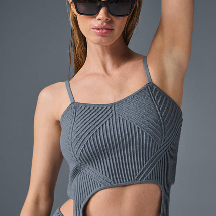 alo Women's Denim Knit Garter Tank - Steel Grey/Anthracite