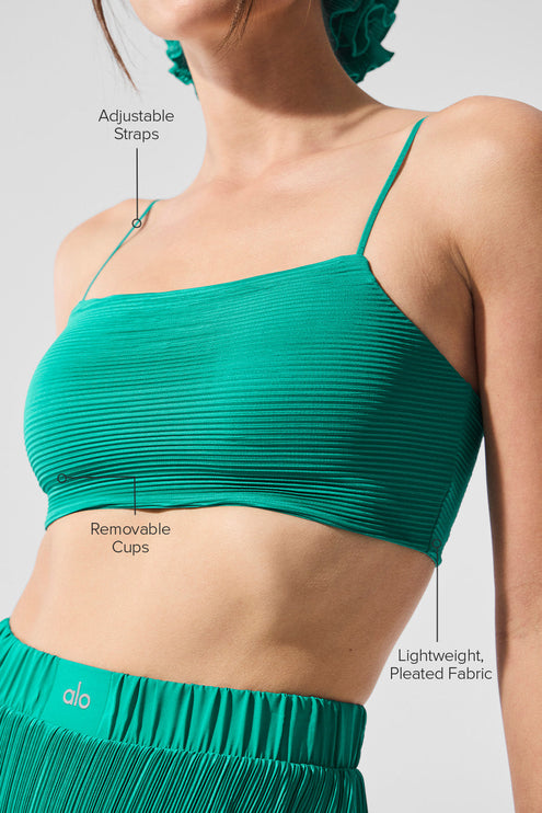 alo Women's Micro Plisse Game On Bra - Spruce Green
