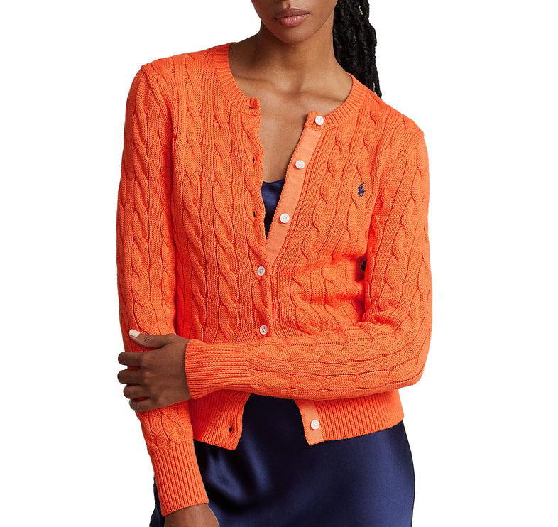 Polo Ralph Lauren Women's Cable Knit Cotton Crewneck Cardigan Kona Orange