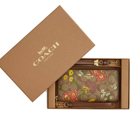 Coach Women's Boxed Long Zip Around Wallet In Signature Canvas With Floral Print Gold/Khaki Multi- Ready to Ship