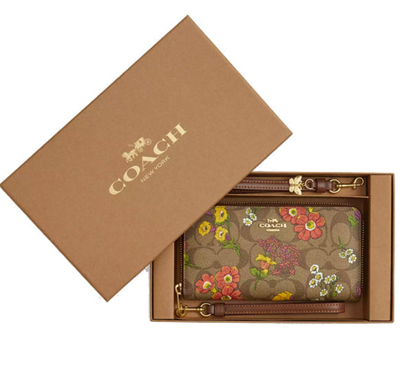 Coach Women's Boxed Long Zip Around Wallet In Signature Canvas With Floral Print Gold/Khaki Multi- Ready to Ship