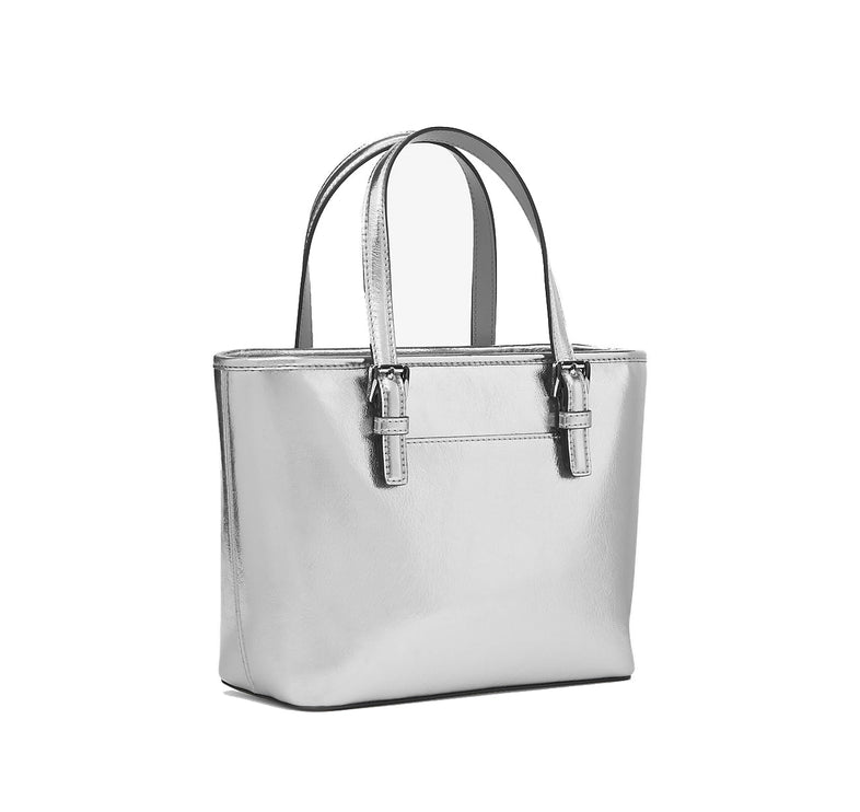 Michael Kors Women's Jet Set Travel Extra Small Metallic Top Zip Tote Bag Silver