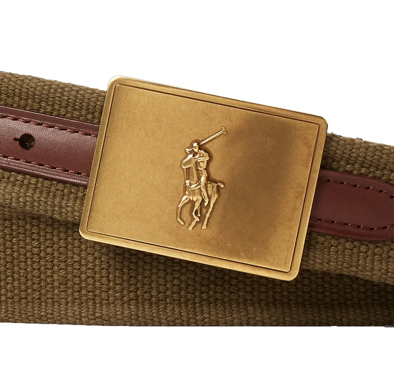 Polo Ralph Lauren Men's Pony Plaque Canvas & Leather Belt Canopy Olive/Brown