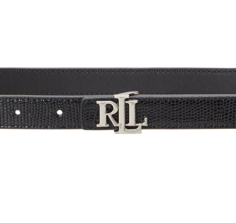 Polo Ralph Lauren Women's Logo Reversible Embossed Skinny Belt Black/Silver