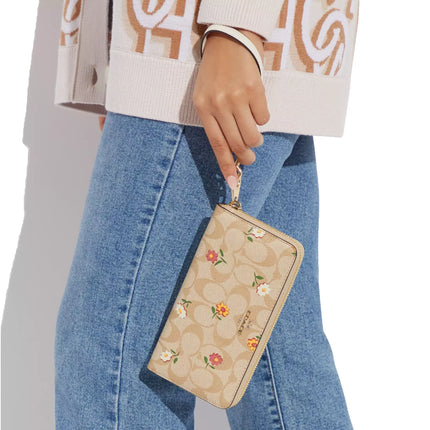 Coach Women's Long Zip Around Wallet In Signature Canvas With Nostalgic Ditsy Print Gold/Light Khaki Multi