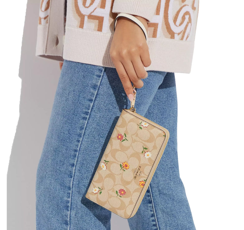 Coach Women's Long Zip Around Wallet In Signature Canvas With Nostalgic Ditsy Print Gold/Light Khaki Multi