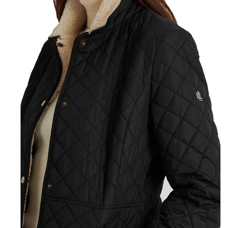 Ralph Lauren Women's Corduroy Trim Quilted Coat Black - Ready to Ship