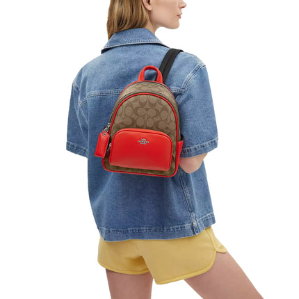 Coach Women's Mini Court Backpack In Signature Canvas Silver/Khaki/Miami Red