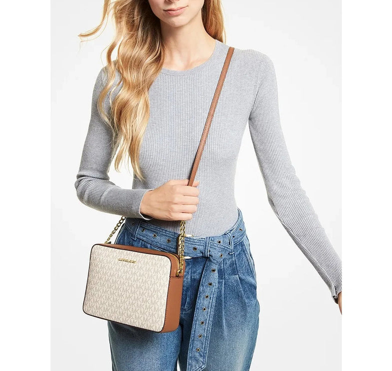 Michael Kors Women's Jet Set Large Printed Logo Crossbody Bag Vanilla