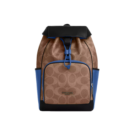 Coach Unisex Racer Backpack In Blocked Signature Canvas Tan/Pacific Bright Mineral