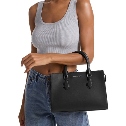 Michael Kors Women's Sheila Medium Faux Saffiano Leather Satchel Black Silver